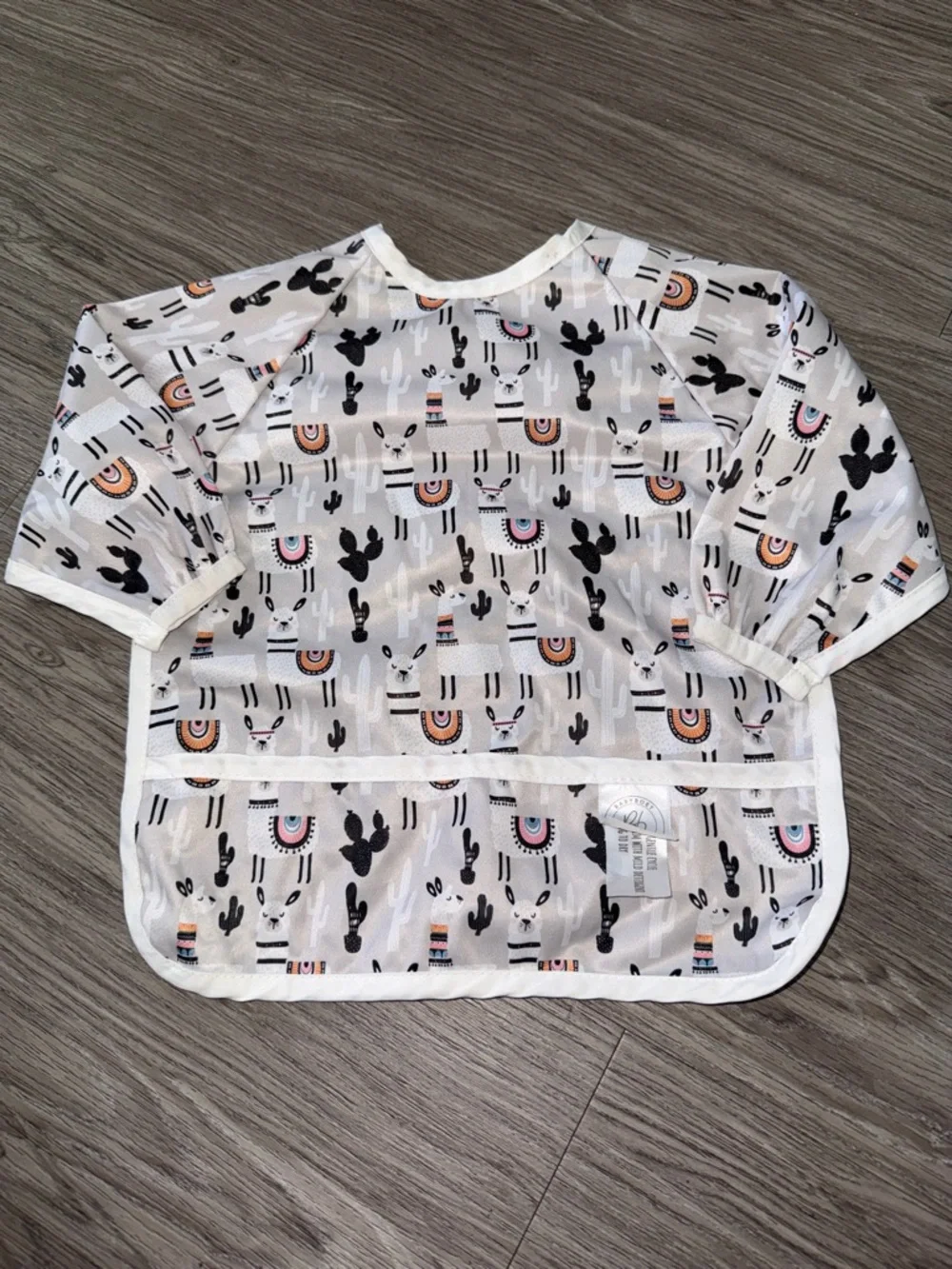 Waterproof Llama & Cactus Kids Feeding Bib - White with Black & Pink Accents